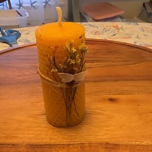 Yellow Beeswax Pillar Candle with Dried Floral Accent